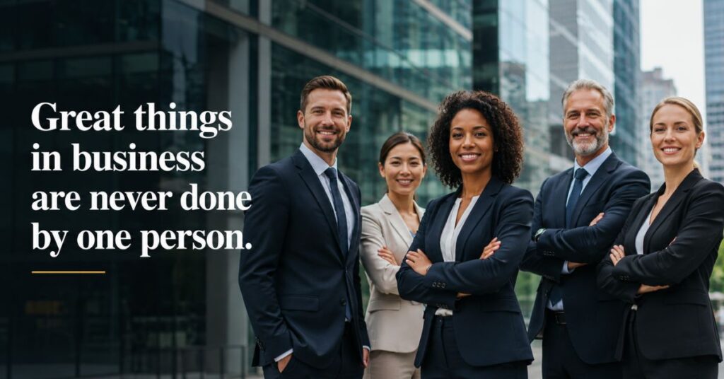 positive work environment quotes with happy employees working together