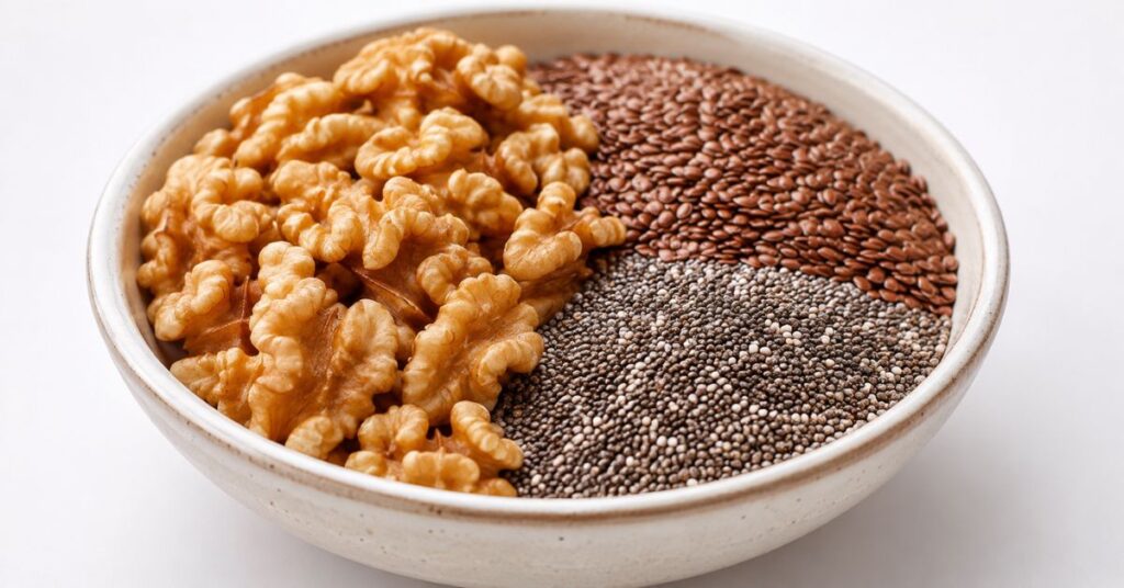 Bowl of walnuts, flaxseeds, and chia seeds on a white background representing healthy brain boosting foods rich in omega-3 fatty acids