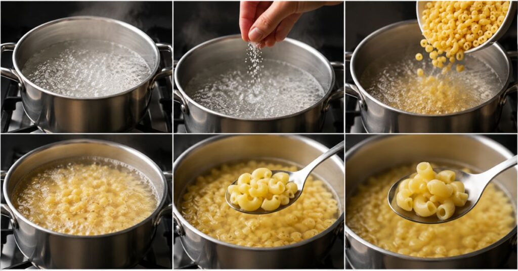 A step-by-step cooking collage showing boiling water in a pot, adding salt and elbow macaroni, and pasta cooking in simmering water, with close-up shots of soft cooked macaroni being lifted on a spoon in a stainless steel pot on a stove.