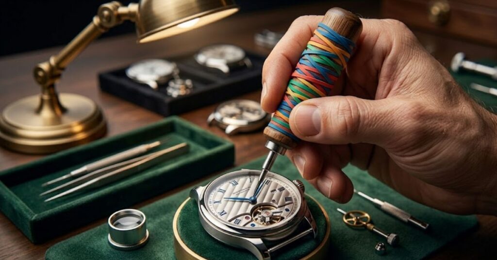Hand holding screwdriver wrapped with rubber bands for improved grip during home repair work