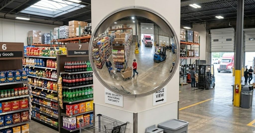 convex mirror in warehouse improving safety at blind spots