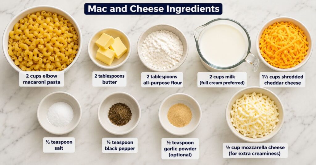 mac and cheese ingredients flat lay with pasta butter flour milk cheddar mozzarella and spices arranged on kitchen table