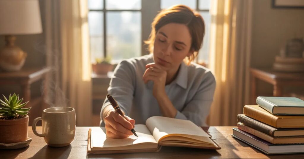 A calm, cozy indoor scene showing a person journaling thoughtfully in a notebook at a wooden desk, surrounded by soft natural light, a warm drink, books, and minimal decorative items, creating a peaceful and reflective atmosphere that represents mental clarity and self-expression.
