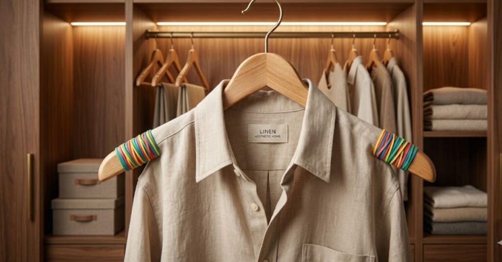 rubber band uses around the house showing clothes hanger with rubber bands on ends holding a shirt securely in a tidy and organized wardrobe setting
