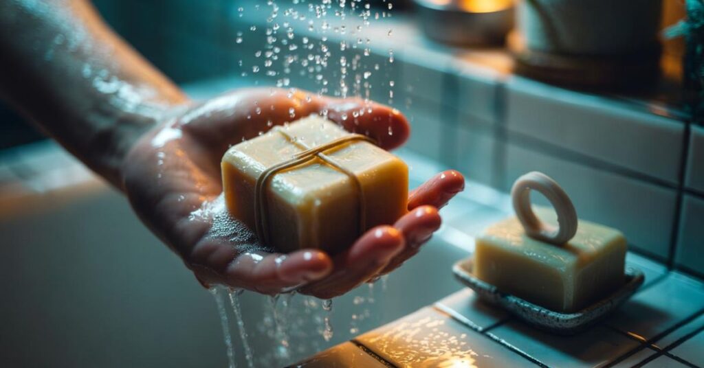 Soap bar wrapped with a rubber band to improve grip and prevent slipping in a bathroom sink setting with water droplets and clean aesthetic background