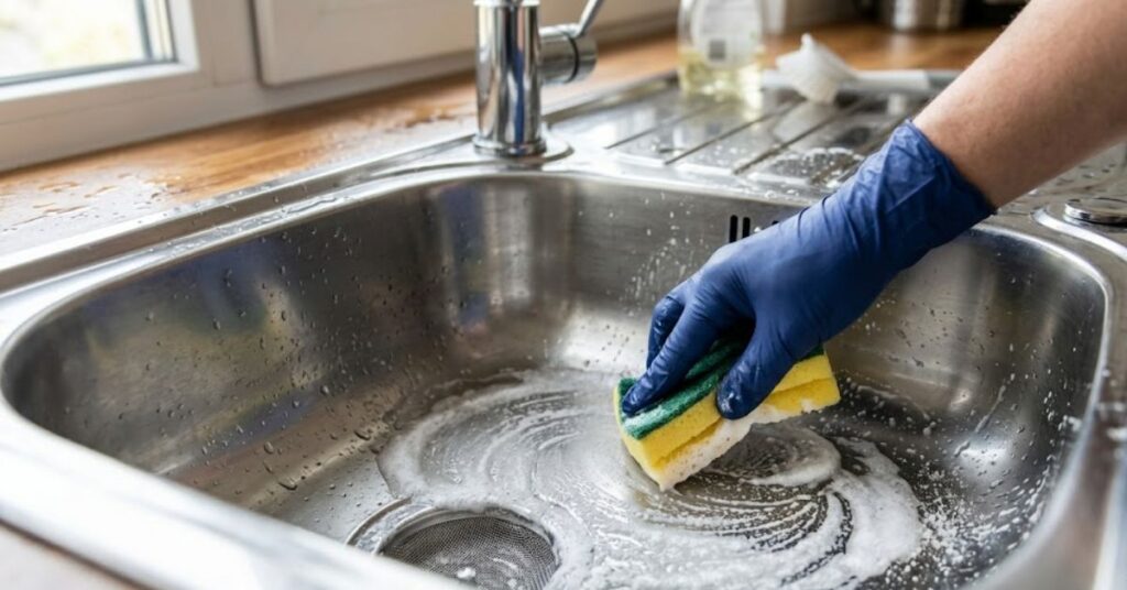 A gloved hand uses a sponge to clean a stainless steel kitchen sink with baking soda under natural light.