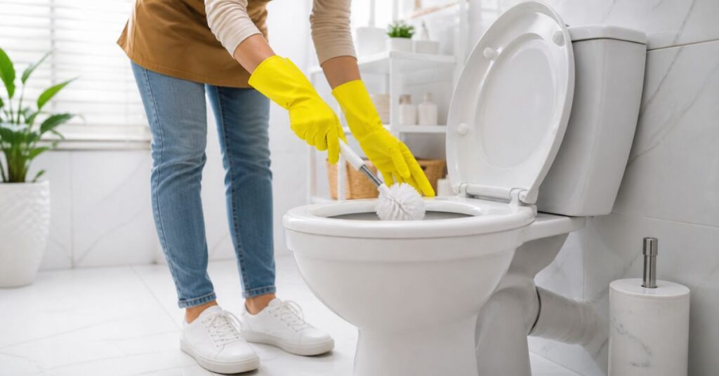 A person wearing gloves cleaning a white toilet with a brush in a clean, modern bathroom with bright natural lighting, showing a hygienic and fresh environment.