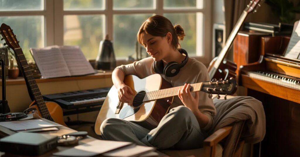 A calm, cozy indoor scene showing a person either listening to music with headphones or learning to play a musical instrument such as a guitar or piano, surrounded by soft natural light, musical instruments, and a peaceful, creative atmosphere.