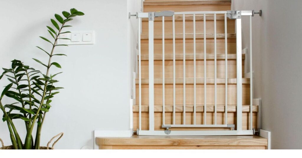 “Childproof living room with outlet covers, corner guards, secured furniture, and safe play area”