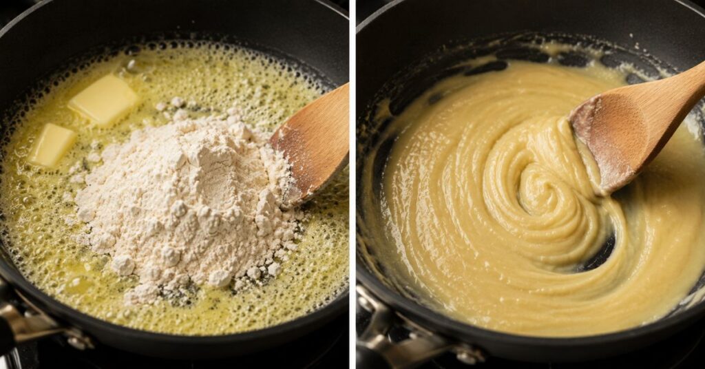 Split-screen close-up of a pan on low heat showing melted butter mixed with flour being stirred into a smooth golden roux with a wooden spoon, capturing the transition from raw mixture to creamy sauce base used for cheese sauce.