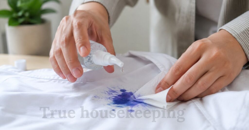 Person applying hand sanitizer to a blue ink stain on white fabric while gently blotting with tissue paper.
