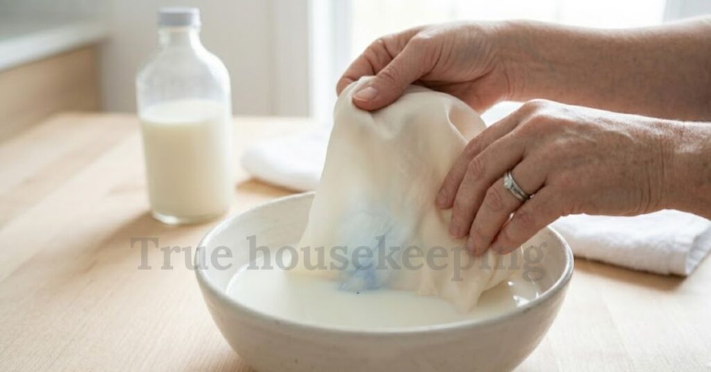 A delicate silk fabric being gently soaked in a bowl of milk as part of a stain removal process.
