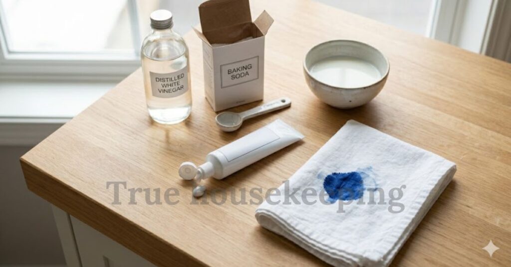 A flat lay of natural cleaning ingredients including vinegar, baking soda, milk, and toothpaste on a wooden table. They are arranged next to a white cloth with a prominent blue ink stain.
