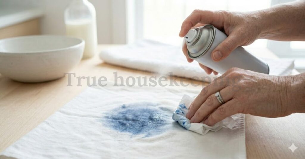 A close-up of a person using hairspray to treat a dark blue ink stain on a white cotton fabric.
