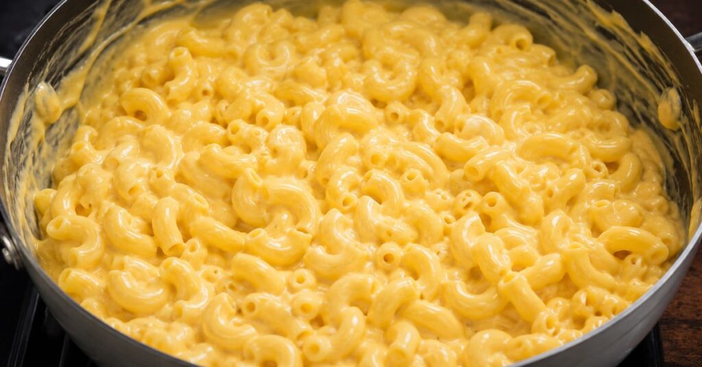 Close-up of boiled elbow macaroni mixed in creamy cheddar cheese sauce inside a pot, showing fully coated pasta with a rich, smooth and glossy texture.