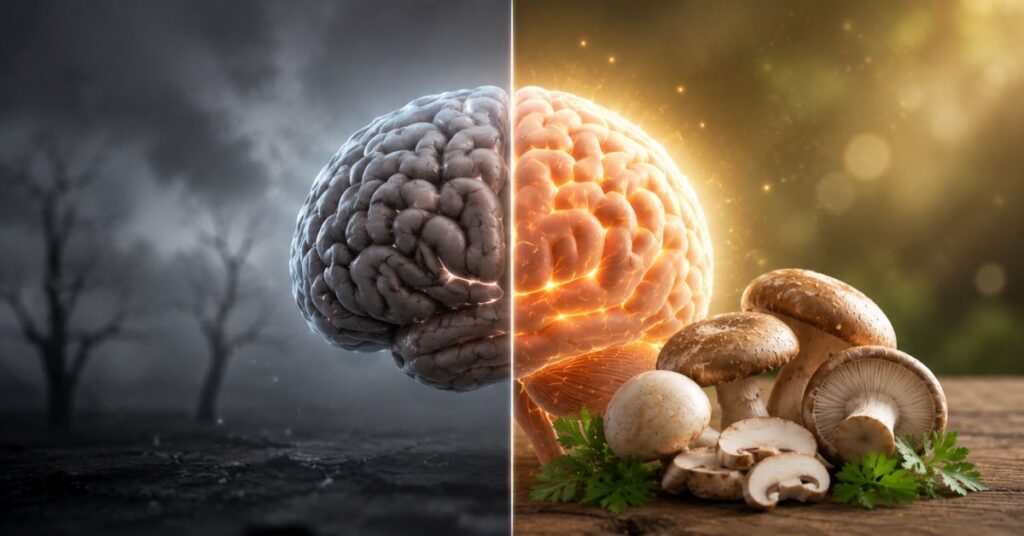 Split view of healthy glowing brain and weak brain showing effects of mushrooms on brain health