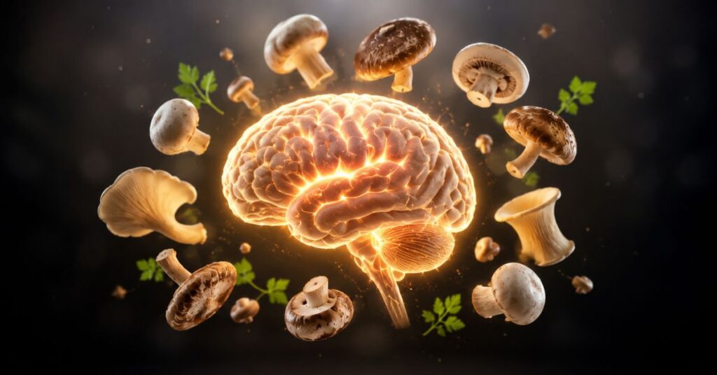 Glowing human brain surrounded by mushrooms representing antioxidants and cognitive health benefits