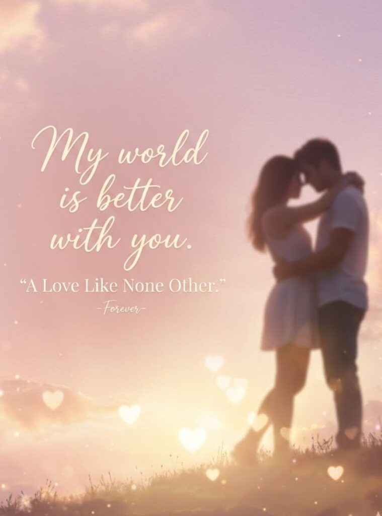 Romantic image of a silhouetted couple embracing against a soft, dreamy pastel gradient sky with warm bokeh lights. The text "My world is better with you" is written in an elegant, golden script font.