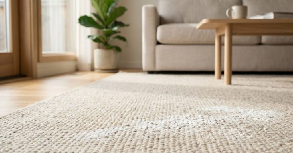 Baking soda lightly sprinkled on a textured light-colored carpet in a sunlit, modern living room with a shallow depth of field.