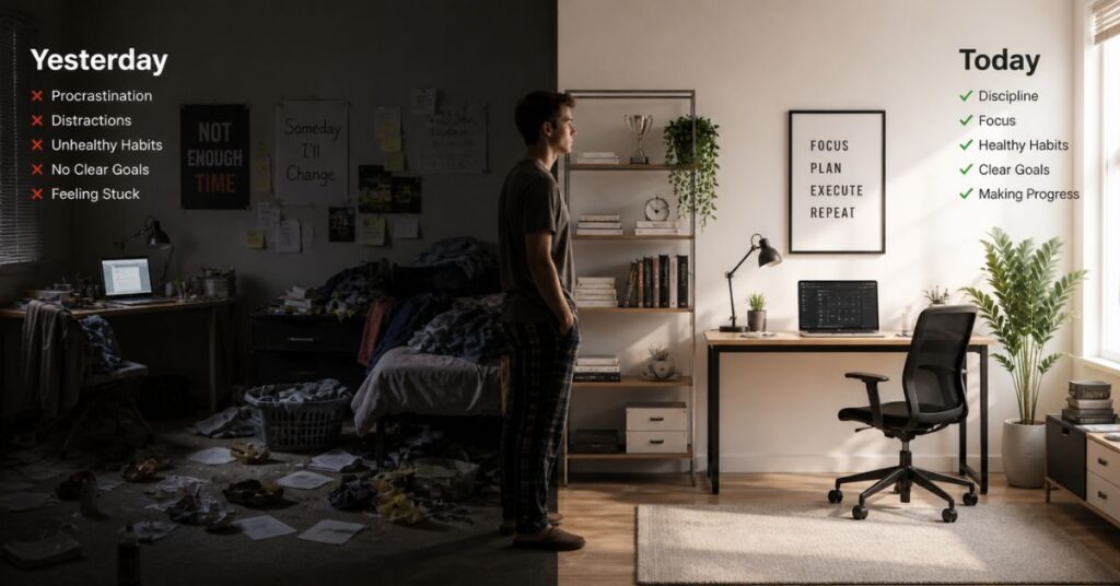 Split scene showing a contrast between a messy, disorganized lifestyle and a clean, organized successful lifestyle, symbolizing personal transformation, productivity, and self-improvement, realistic motivational concept with soft lighting.