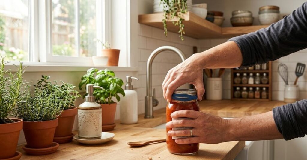 rubber band uses around the house showing a person using a rubber band wrapped around a jar lid for better grip to open a tight glass jar in a kitchen setting