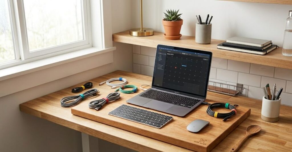 Computer cables neatly organized on desk using colorful rubber bands in a clean workspace