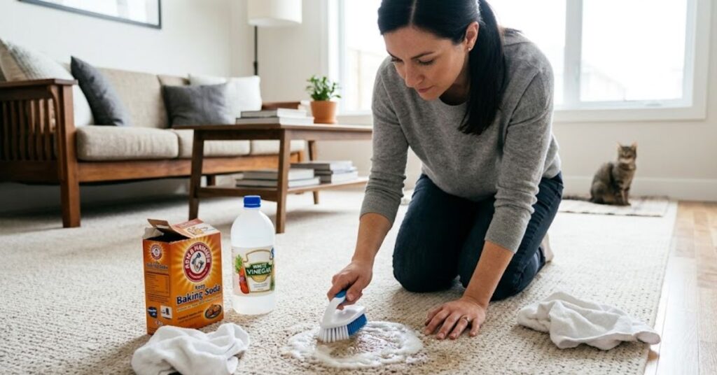 A woman in a living room kneels on a beige rug to clean a pet stain, using a brush, a white cloth, a box of baking soda, and a bottle of white vinegar, with a tabby cat seated in the background.