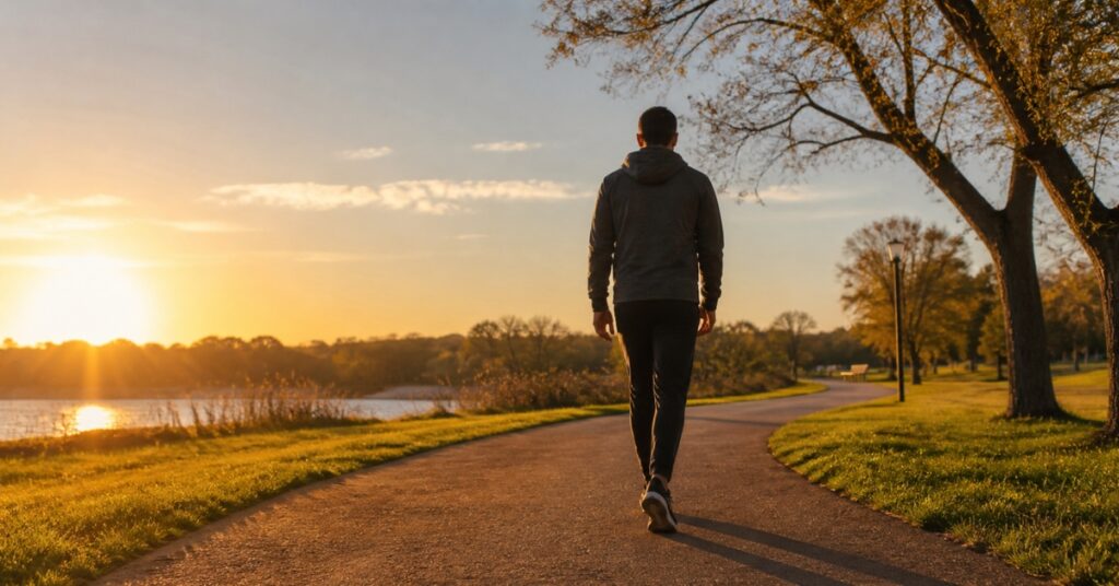 A person walking in a park during sunrise, bathed in soft golden light, representing fitness, health, and a motivated lifestyle in a realistic photography style.