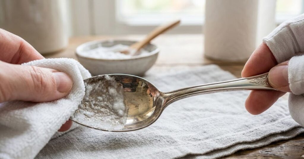 A hand uses a white cloth and baking soda paste to polish a silver spoon, shown in close-up.