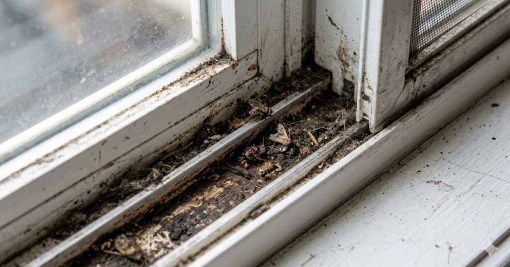 : "Close-up view of heavily soiled residential window tracks filled with dust, grime, and debris before cleaning."