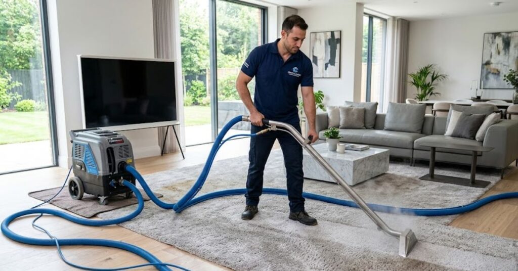 A mandeep cleans a grey shag rug with professional hot-water extraction equipment in a spacious, modern open-plan home with garden-facing windows and light wood floors in United State