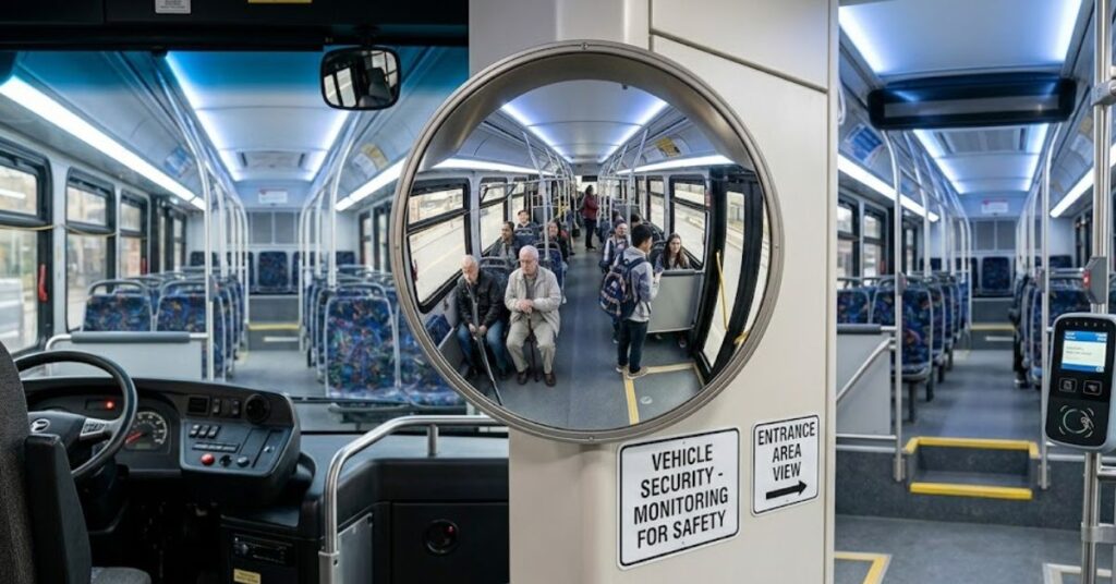 convex mirror in bus helping driver monitor passengers and surroundings