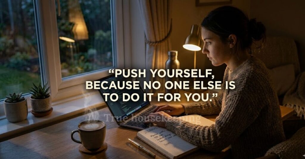 person working late at night on laptop in cozy workspace with motivational quote about self motivation and discipline