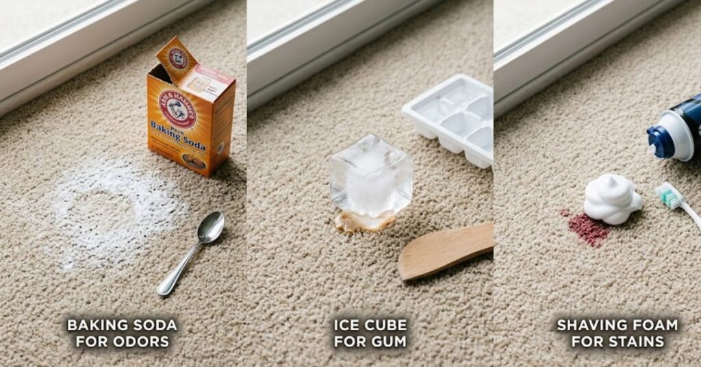 A three-panel tutorial on carpet cleaning: Panel 1 shows baking soda, panel 2 shows an ice cube on a stain, and panel 3 shows shaving foam on a reddish stain, with labels.