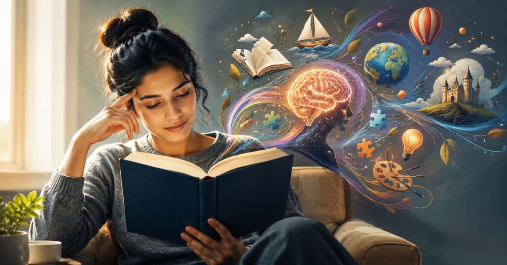 A young woman sitting in a cozy, sunlit room reading a book, with imaginative, colorful visual elements like glowing ideas, books, a brain silhouette, and creative symbols swirling around her head, representing learning, focus, and mental growth.
