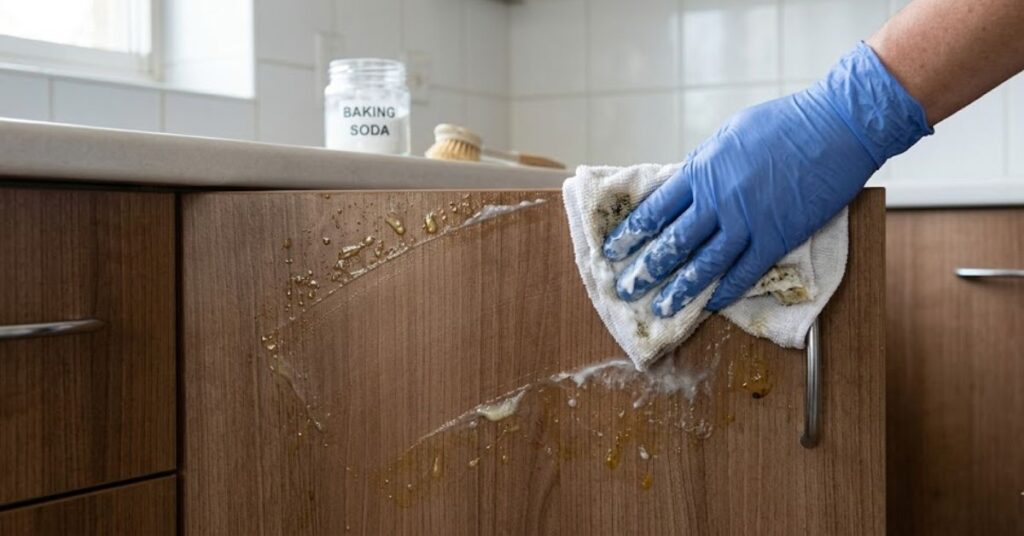 Kitchen surface being cleaned with baking soda to remove grease in a simple home cleaning scene.