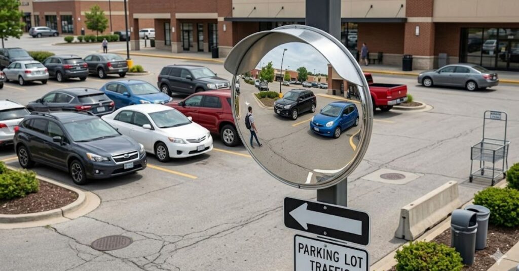 road safety mirror purpose in parking area showing improved visibility