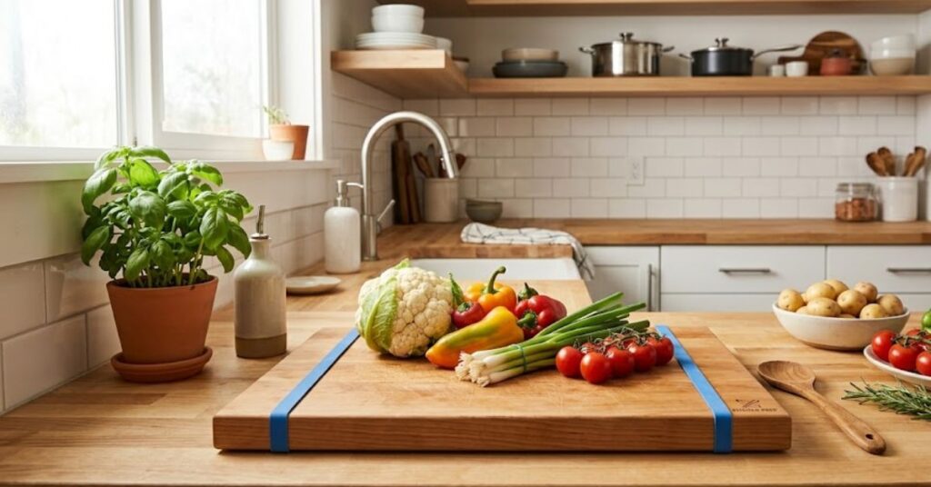 Cutting board with rubber bands on edges to prevent slipping while chopping vegetables on kitchen counter