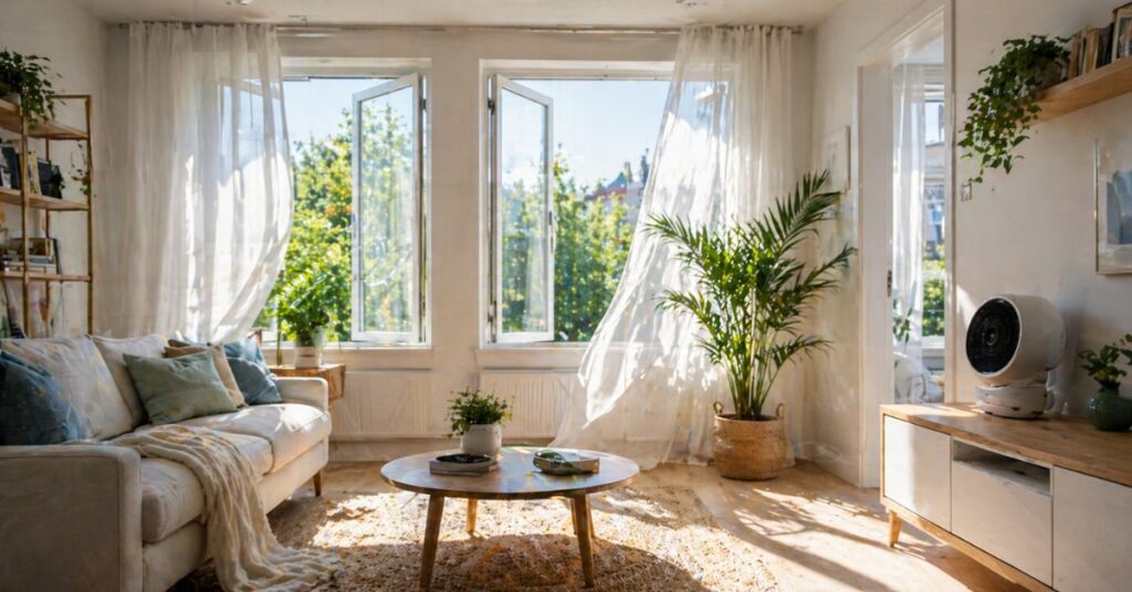 “Home odor removal tips showing improved air circulation with open windows, fresh airflow, and natural ventilation in a clean modern home”