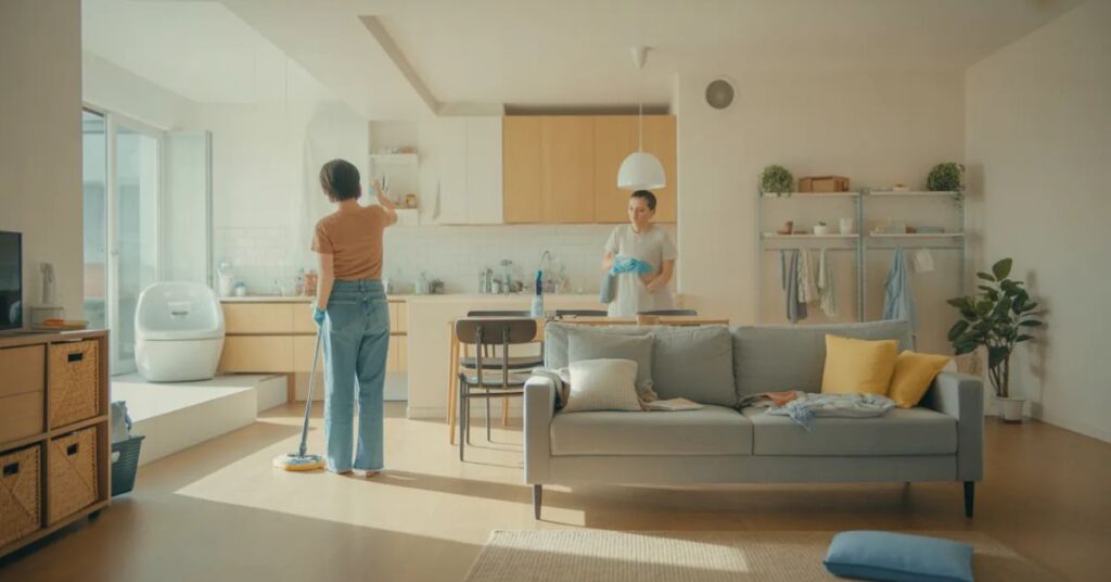 “Home odor removal tips showing daily cleaning routine and organized clean home interior”