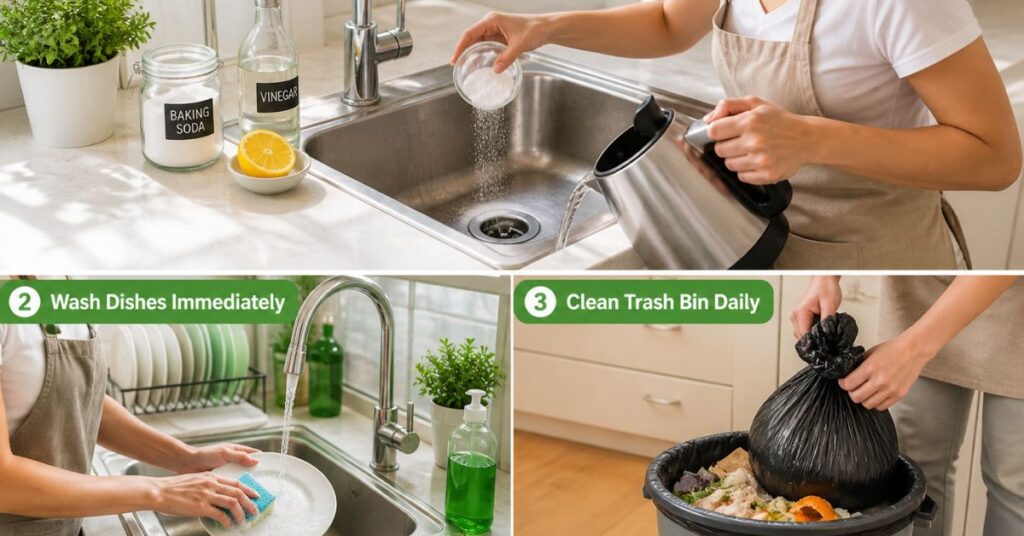 “Home odor removal tips showing deep kitchen cleaning, removing grease from stove, cleaning sink, and maintaining a fresh and hygienic kitchen”