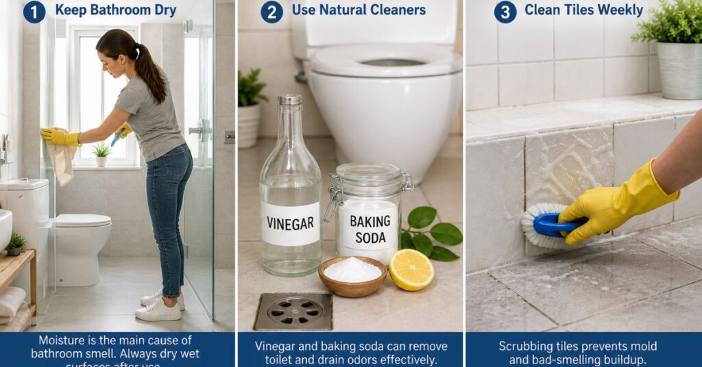 “Home odor removal tips showing bathroom cleaning, disinfecting toilet, cleaning sink and drains for a fresh and hygienic bathroom environment”