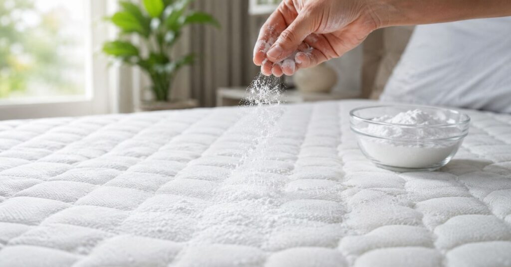 Close-up view of a hand sprinkling baking soda evenly over a white quilted mattress for natural cleaning, with a glass bowl of powder nearby, soft daylight streaming through a bedroom window, clean and fresh home hygiene concept.