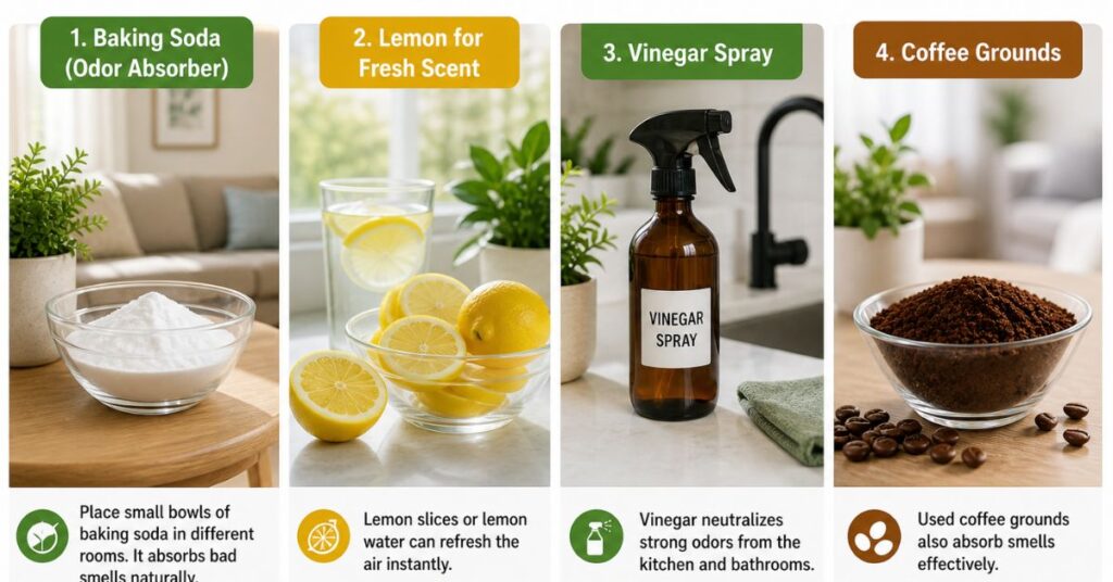 “Home odor removal tips showing natural air fresheners like essential oils diffuser, baking soda, and lemon for a fresh-smelling home”
