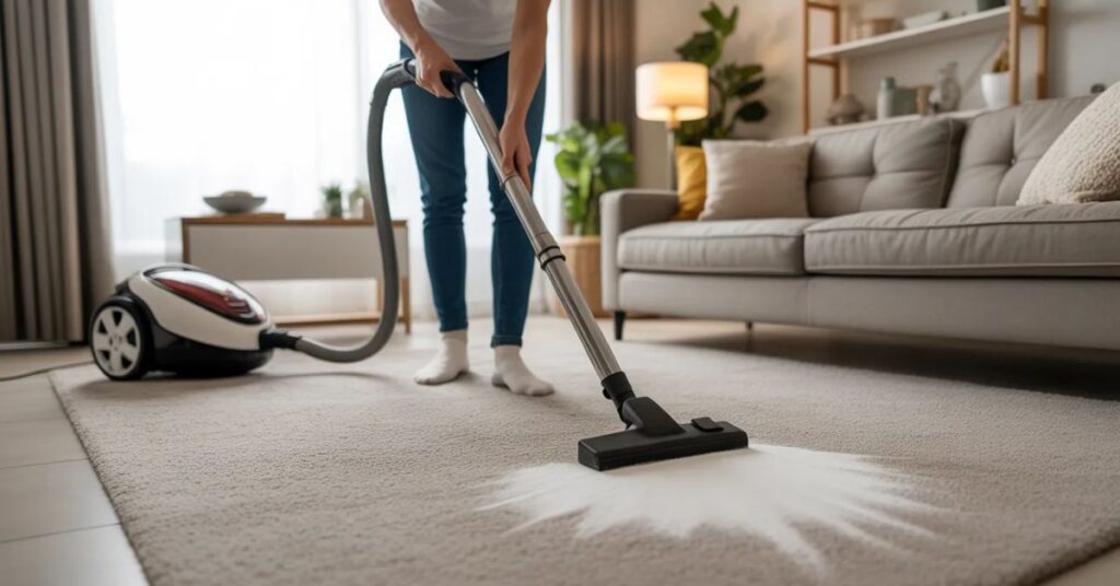 “Home odor removal tips showing cleaning carpets and sofas with vacuum and baking soda treatment for fresh and odor-free living room”