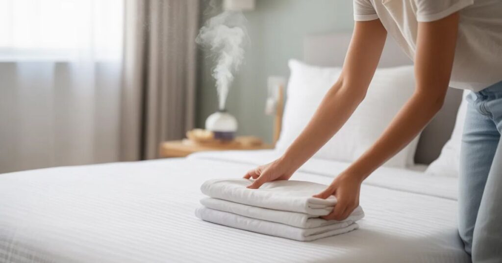 “Home odor removal tips showing clean bedroom with fresh bedsheets, lavender fragrance, and clutter-free organized space for a fresh-smelling room”