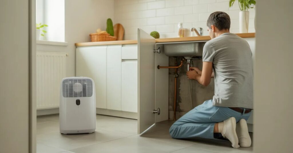 “Home odor removal tips showing dehumidifier and fixing water leaks to prevent mold smell”