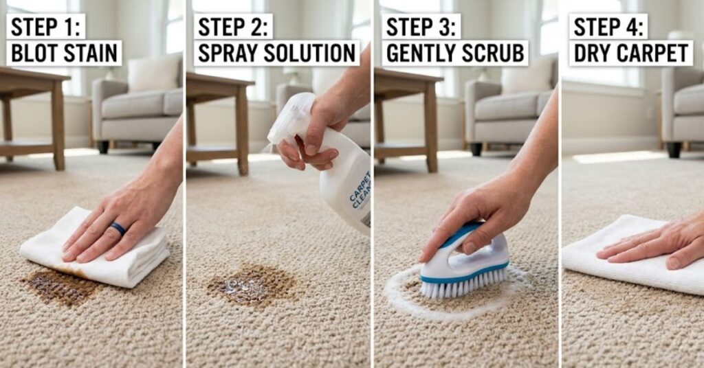 A four-step illustrated sequence showing how to clean a carpet stain: blotting, spraying solution, gently scrubbing with a brush, and drying with a towel.