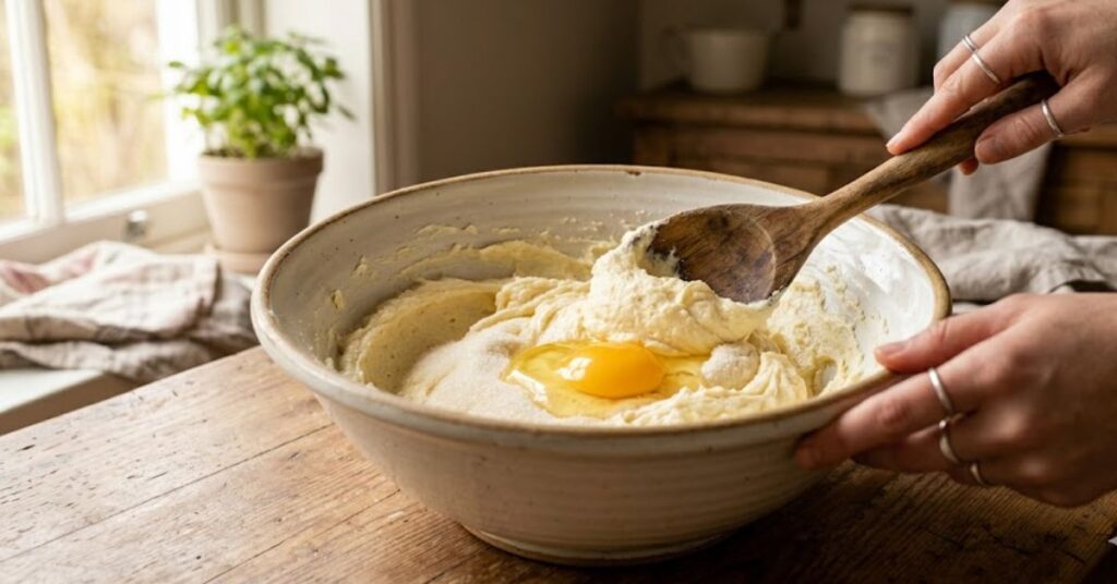 A close-up food photography shot of a large, textured ceramic bowl on a rustic wooden kitchen counter. Inside the bowl, a smooth, creamy mixture of creamed butter and sugar has a single raw egg cracked right in the center. A person's hands are visible, holding the bowl and gently stirring the ingredients with a large wooden spoon. Soft morning daylight streams in from a nearby window, illuminating the scene with a warm, cozy home atmosphere.