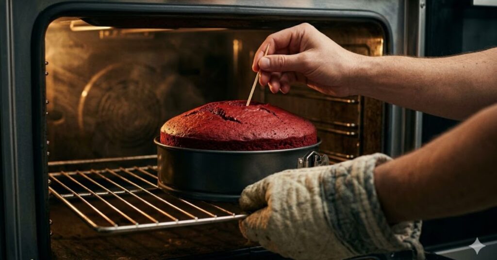 Ingredients and red velvet cake batter being mixed in a kitchen bowl with flour, cocoa, eggs, and buttermilk on a wooden counter